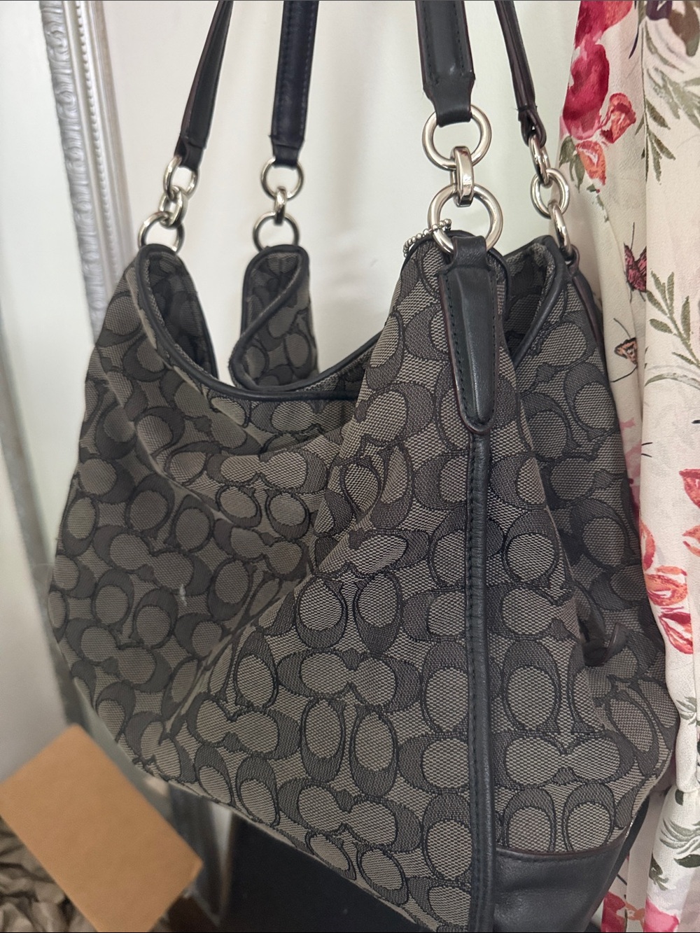Coach Gray and Black Signature Jacquard Shoulder Bag